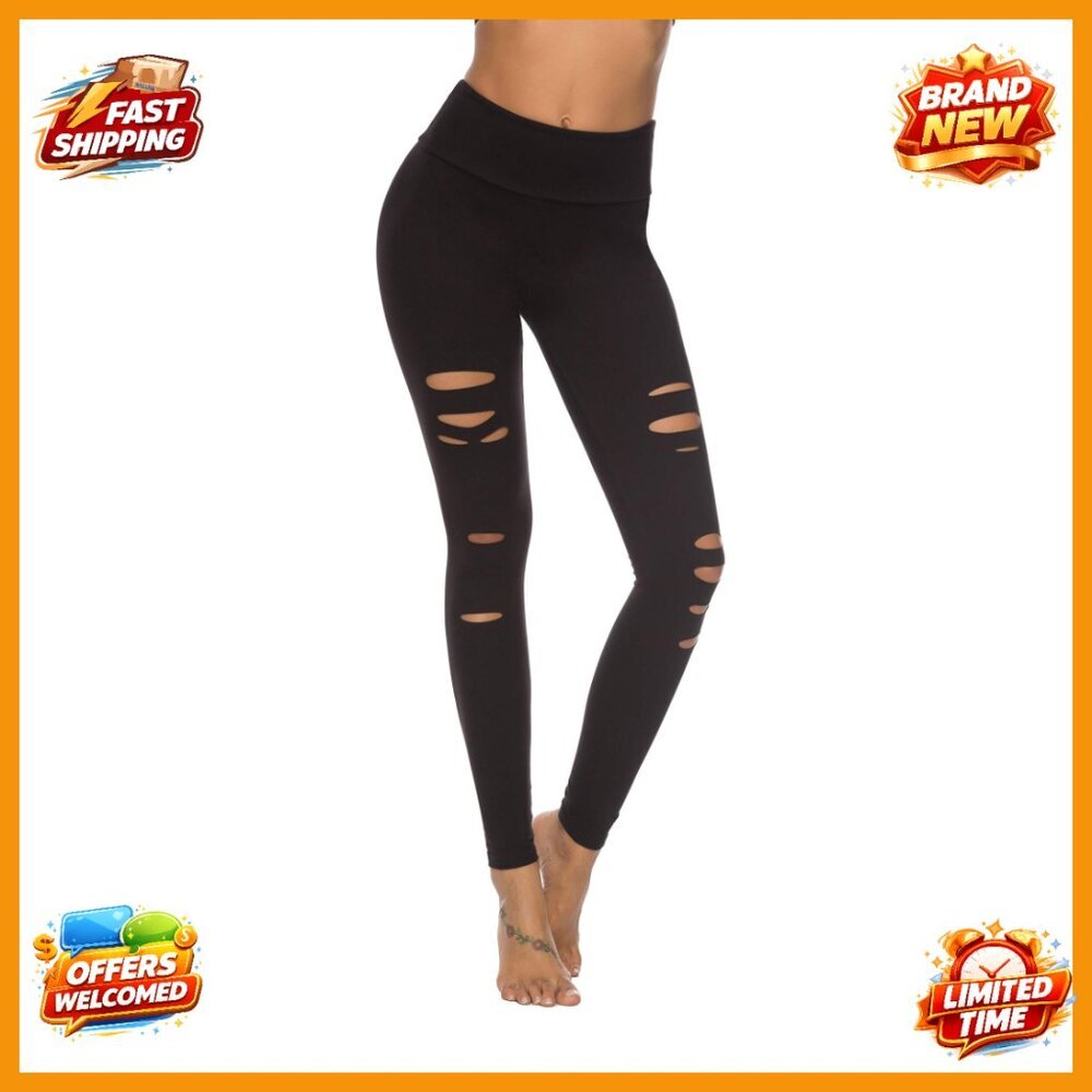 High Waist Yoga Leggings with Ripped Cutouts Tummy Control Workout